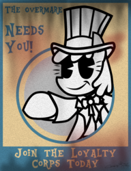 Size: 613x800 | Tagged: safe, artist:cazra, oc, oc:stable filly, earth pony, pony, fallout equestria, clothes, coat, hat, pac-man eyes, patriotic, poster, propaganda, propaganda poster, stable-tec, top hat, uncle sam