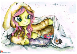 Size: 3437x2409 | Tagged: safe, artist:mashiromiku, fluttershy, pegasus, pony, g4, bunny ears, clothes, costume, cute, easter, easter egg, high res, holiday, kigurumi, patreon, patreon logo, shyabetes, traditional art, watercolor painting