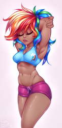 Size: 1227x2515 | Tagged: safe, artist:drizziedoodles, rainbow dash, human, g4, arm behind head, armpits, clothes, cutie mark on clothes, dark skin, female, humanized, shorts, solo, sports bra, stretching