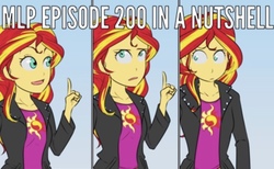 Size: 1340x828 | Tagged: safe, artist:kibate, sunset shimmer, equestria girls, g4, sparkle's seven, caption, comic, female, frown, image macro, open mouth, smiling, solo, text, thinking, wide eyes