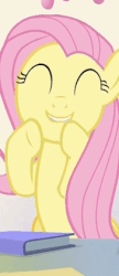 Size: 182x423 | Tagged: safe, screencap, fluttershy, pegasus, pony, g4, season 9, sparkle's seven, animated, book, clapping, clapping ponies, cute, female, friendship throne, gif, happy, shyabetes, solo