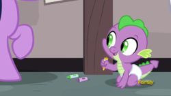 Size: 1920x1080 | Tagged: safe, edit, edited screencap, screencap, spike, twilight sparkle, dragon, g4, sparkle's seven, baby, baby dragon, baby spike, crayon, crayon drawing, cute, daaaaaaaaaaaw, diaper, discovery family logo, happy, offscreen character, smiling, spikabetes