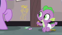 Size: 1920x1080 | Tagged: safe, edit, edited screencap, screencap, spike, twilight sparkle, dragon, g4, sparkle's seven, testing testing 1-2-3, baby, baby dragon, baby spike, crayon, crayon drawing, cute, daaaaaaaaaaaw, diaper, discovery family logo, happy, i am not that tall, offscreen character, smiling, spikabetes, traditional art