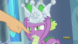 Size: 1920x1080 | Tagged: safe, edit, edited screencap, screencap, spike, dragon, g4, sparkle's seven, boop, boop edit, crown, finger, hand, hard-won helm of the sibling supreme, jewelry, regalia, winged spike, wings