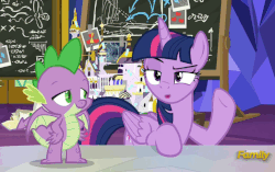 Size: 727x457 | Tagged: safe, screencap, spike, twilight sparkle, alicorn, dragon, pony, g4, sparkle's seven, animated, chalkboard, cutie map, gif, pointing, smiling, twilight sparkle (alicorn), winged spike, wings