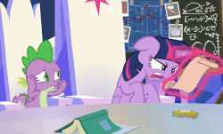Size: 688x415 | Tagged: safe, screencap, spike, twilight sparkle, alicorn, dragon, pony, season 9, sparkle's seven, angry, animated, belly, book, chalkboard, cutie map, discovery family, discovery family logo, duckface, floppy ears, friendship throne, gif, grumpy, logo, madorable, magic, oh come on, pouting, scroll, slouching, twilight sparkle (alicorn), winged spike, wings
