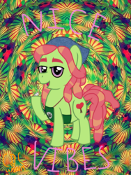 Size: 1536x2048 | Tagged: safe, artist:colorcodetheartist, tree hugger, earth pony, pony, g4, apron, bandana, clothes, crossover, drugs, female, high, joint, male, mare, marijuana, red eyes, south park, text, towelie, trippy background