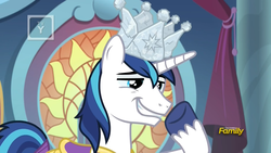 Size: 1920x1080 | Tagged: safe, screencap, shining armor, pony, unicorn, g4, sparkle's seven, canterlot castle, crown, discovery family logo, dork, grin, hard-won helm of the sibling supreme, jewelry, lidded eyes, male, regalia, smiling, smug, solo, stallion, throne room