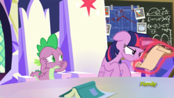 Size: 3840x2160 | Tagged: safe, screencap, spike, twilight sparkle, alicorn, dragon, pony, g4, sparkle's seven, book, chalkboard, cutie map, friendship throne, glowing horn, high res, horn, magic, nose wrinkle, scroll, telekinesis, twilight sparkle (alicorn)
