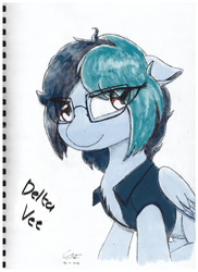Size: 5000x6878 | Tagged: safe, artist:calveen, oc, oc:delta vee, pegasus, pony, chest fluff, clothes, colored sketch, eye clipping through hair, female, floppy ears, folded wings, glasses, looking at something, mare, mixed media, shirt, signature, simple background, sketch, sketchbook, traditional art, white background, wings