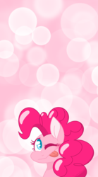 Size: 851x1536 | Tagged: safe, artist:summer-cascades, pinkie pie, earth pony, pony, g4, abstract background, blushing, bust, colored pupils, cute, diapinkes, female, iphone wallpaper, mare, one eye closed, phone wallpaper, smiling, solo, tongue out, wallpaper, wink
