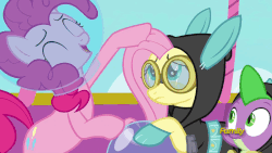 Size: 806x454 | Tagged: safe, screencap, fluttershy, pinkie pie, spike, pony, g4, sparkle's seven, animated, astronaut pinkie, bunny ears, clothes, costume, dangerous mission outfit, fish bowl, gif, goggles, head pat, hoodie, hot air balloon, pat, twinkling balloon
