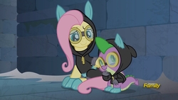 Size: 1920x1080 | Tagged: safe, screencap, fluttershy, spike, dragon, pegasus, pony, g4, sparkle's seven, bunny ears, clothes, costume, dangerous mission outfit, duo, female, goggles, hoodie, male, mare