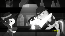 Size: 3840x2160 | Tagged: safe, screencap, rainbow dash, rarity, earth pony, pegasus, pony, unicorn, g4, season 9, sparkle's seven, bartender, black and white, grayscale, hat, high res, investigator dash, juice jackie, monochrome, noir, unnamed character, unnamed pony