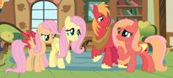 Size: 3704x1672 | Tagged: safe, artist:lucymarie2000, big macintosh, fluttershy, oc, oc:blossom, oc:lilly apple, pegasus, pony, g4, base used, colored wings, colored wingtips, family, female, fluttershy's cottage, freckles, male, mare, offspring, parent:big macintosh, parent:fluttershy, parents:fluttermac, ship:fluttermac, shipping, straight