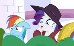 Size: 735x464 | Tagged: safe, screencap, rainbow dash, rarity, pony, g4, sparkle's seven, animated, clothes, coat, cute, detective rarity, female, floppy ears, frown, gif, hat, hoof over mouth, laughing, leaning, noblewoman's laugh, open mouth, rarara, raribetes, rarity is amused, smiling, wide eyes
