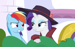 Size: 735x464 | Tagged: safe, screencap, rainbow dash, rarity, pony, g4, sparkle's seven, animated, detective rarity, female, gif, laughing