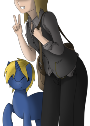 Size: 2454x3423 | Tagged: safe, artist:darkhooves, derpibooru exclusive, oc, oc only, oc:cerulean light, oc:denise lantz, human, pony, unicorn, blonde, blonde hair, blonde mane, clothes, dress pants, eyes closed, female, high res, human and pony, leaning forward, mailbag, mare, peace sign, raised hoof, ripped sleeves, rolled up sleeves, satchel, shading, shading practice, shirt, short hair, short mane, simple background, smiling, transparent background, unbuttoned, vector, vest