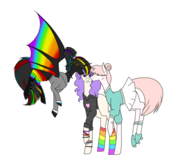 Size: 4860x4476 | Tagged: safe, artist:icicle-niceicle-1517, artist:moonlight0shadow0, color edit, edit, oc, oc only, oc:maxie (ice1517), oc:night rainbow, oc:rolla derbi, alicorn, bat pony, bat pony alicorn, earth pony, pony, unicorn, alicorn oc, alternate hairstyle, bandaid, bat pony oc, blank flank, boots, bracelet, cheek kiss, choker, clothes, collaboration, colored, cute, ear piercing, earring, eyes closed, female, flying, hoodie, jacket, jewelry, kiss sandwich, kissing, lesbian, mare, multicolored hair, oc x oc, piercing, polyamory, ponytail, rainbow hair, rainbow socks, raised hoof, roller skates, shipping, shoes, simple background, skirt, socks, spiked choker, striped socks, transparent background, wing piercing, wristband