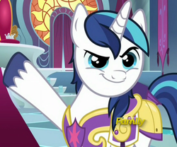 Size: 1067x889 | Tagged: safe, screencap, shining armor, pony, unicorn, g4, sparkle's seven, 200th episode, cropped, hard-won helm of the sibling supreme, male, pointing, smiling, smirk, solo, stallion