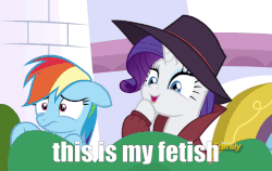 Size: 735x464 | Tagged: safe, edit, edited screencap, screencap, rainbow dash, rarity, pony, g4, sparkle's seven, animated, caption, detective rarity, female, gif, image macro, laughing, text, that is my fetish