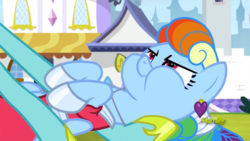 Size: 3840x2160 | Tagged: safe, screencap, rainbow dash, zephyr breeze, pegasus, pony, g4, sparkle's seven, angry, canterlot, chubby cheeks, constipated, cute, female, high res, madorable, male, mare, pouting, puffy cheeks, rainbow dash always dresses in style, rainbow dash is best facemaker, rainbow dash is not amused, royal guard zephyr breeze, stallion, unamused