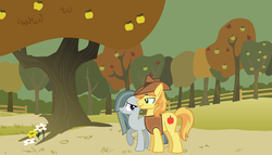 Size: 2064x1182 | Tagged: safe, braeburn, marble pie, pony, g4, afternoon, apple orchard, braeble, day, female, looking at each other, male, shipping, straight, walking