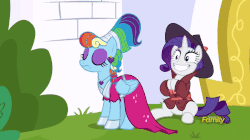 Size: 826x464 | Tagged: safe, screencap, rainbow dash, rarity, pony, g4, sparkle's seven, animated, clapping, clothes, detective rarity, fedora, female, gif, hat, megaradash, sadism, trenchcoat, varying degrees of want