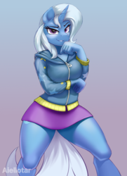 Size: 580x800 | Tagged: safe, artist:iloota, trixie, unicorn, anthro, unguligrade anthro, g4, arm under breasts, breasts, clothes, cute, equestria girls outfit, female, gradient background, hoodie, looking at you, mare, miniskirt, sexy, simple background, skirt, smiling, smiling at you, smirk, solo, thighs, wide hips