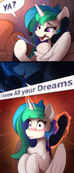 Size: 1300x3016 | Tagged: safe, artist:yakovlev-vad, princess celestia, princess luna, alicorn, pony, g4, blushing, brush, chest fluff, comic, dialogue, duo, eye clipping through hair, eyebrows, eyebrows visible through hair, female, glowing, glowing horn, hooves to the chest, horn, lacrimal caruncle, levitation, magic, mare, mouth hold, nail file, nervous, open mouth, partially open wings, phone, phone call, prank call, royal sisters, shoulder fluff, shrunken pupils, siblings, sisters, slender, speech bubble, sternocleidomastoid, sweat, telekinesis, thin, trolluna, wing hold, wings