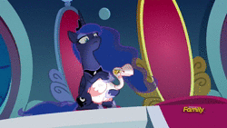 Size: 1920x1080 | Tagged: safe, screencap, princess luna, alicorn, bird, goose, pony, g4, sparkle's seven, animal, animated, discovery family logo, duo, epic, ethereal mane, female, lidded eyes, luna petting goose, mare, no sound, pathetic, petting, solo, starry mane, stroking, throne, webm