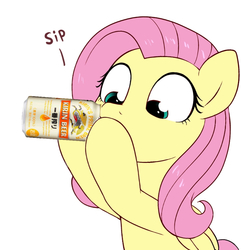 Size: 1033x1071 | Tagged: safe, artist:moozua, edit, fluttershy, pegasus, pony, g4, alcohol, beer, drinking, female, kirin beer, kirin ichiban, mare, simple background, sipping, solo