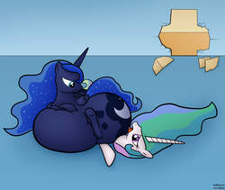 Size: 1900x1600 | Tagged: safe, artist:jesseorange, princess celestia, princess luna, pony, series:absurdly huge luna's life, g4, belly, butt, duo, duo female, fat, female, huge butt, impossibly large butt, large butt, moonbutt, morbidly obese, obese, plot, princess moonpig, property damage, sitting on person, sitting on pony, the ass was too fat, wall