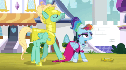 Size: 826x464 | Tagged: safe, screencap, rainbow dash, zephyr breeze, pegasus, pony, g4, sparkle's seven, animated, clothes, gif, male, megaradash, royal guard zephyr breeze, running, running in place, skirt, skirt pull, stallion, tripping