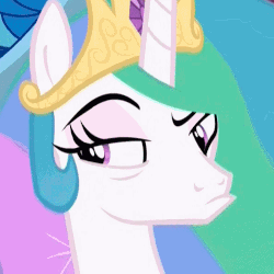 Size: 500x500 | Tagged: safe, screencap, princess celestia, alicorn, pony, g4, sparkle's seven, animated, blinking, celestia is not amused, cropped, disapproval, female, gif, mare, raised eyebrow, shifty eyes, squint, suspicious