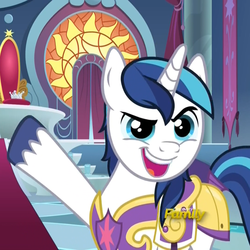 Size: 1079x1079 | Tagged: safe, screencap, shining armor, pony, unicorn, g4, sparkle's seven, adorable face, armor, canterlot castle, cropped, cute, discovery family logo, dreamworks face, faic, gesture, hard-won helm of the sibling supreme, male, open mouth, raised eyebrow, shining adorable, smiling, solo, stallion, throne, throne room