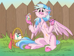 Size: 1280x960 | Tagged: safe, artist:agent-sketch-pad, silverstream, hippogriff, g4, basket, cheek fluff, cute, diastreamies, easter, easter egg, egg, female, fence, holiday, paint, paintbrush, painting, sitting, solo, tongue out