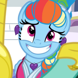 Size: 727x728 | Tagged: safe, screencap, rainbow dash, zephyr breeze, pegasus, pony, g4, sparkle's seven, alternate hairstyle, beautiful, cropped, cute, dashabetes, ear piercing, earring, eyelashes, eyeshadow, female, jewelry, makeup, megaradash, necklace, piercing, rainbow dash is best facemaker, royal guard zephyr breeze, solo focus