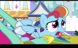 Size: 1280x800 | Tagged: safe, screencap, rainbow dash, zephyr breeze, pegasus, pony, g4, sparkle's seven, disgusted, eyelashes, eyeshadow, makeup, megaradash, open mouth, tongue out