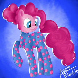 Size: 1230x1224 | Tagged: safe, artist:appleneedle, pinkie pie, earth pony, pony, g4, alternate hairstyle, clothes, cute, diapinkes, female, footed sleeper, mare, pajamas, polka dots, solo