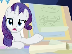 Size: 573x430 | Tagged: safe, screencap, rarity, pegasus, pony, unicorn, g4, sparkle's seven, drawing, easel, female, friendship throne, gesture, mare, out of context, scroll, speed lines, tongue out