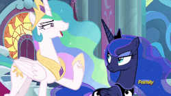 Size: 826x464 | Tagged: safe, screencap, princess celestia, princess luna, alicorn, pony, g4, sparkle's seven, animated, canterlot castle, duo, faic, fake smile, female, folded wings, gif, grin and bear it, mare, raised hoof, royal sisters, sisters, smiling, strained smiles, throne room, wings
