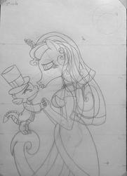 Size: 1024x1412 | Tagged: safe, artist:supra80, mane-iac, spike, anthro, g4, clothes, dress, ear piercing, earring, hat, imminent kissing, jewelry, kissing, lipstick, marriage, necklace, pencil drawing, piercing, ring, ship:spike-iac, tiara, top hat, traditional art, tuxedo, wedding, wedding dress, wedding ring, wedding veil