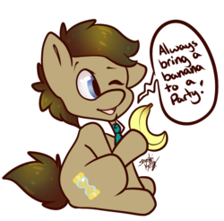 Size: 772x760 | Tagged: safe, artist:shushikitty, doctor whooves, time turner, pony, g4, banana, crossover, doctor who, doctorbetes, food, hoof hold, male, one eye closed, open mouth, simple background, sitting, solo, speech bubble, the doctor, transparent background, wink