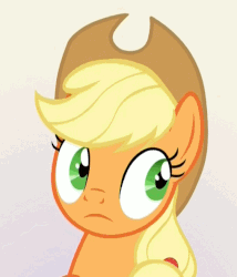 Size: 562x658 | Tagged: safe, edit, edited screencap, screencap, applejack, earth pony, pony, g4, sparkle's seven, :|, animated, aside glance, female, gif, liarjack, looking at you, mare, nervous, poker face, shifty eyes, solo