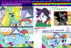 Size: 2500x1700 | Tagged: safe, edit, edited screencap, screencap, king sombra, rainbow dash, rarity, zephyr breeze, pegasus, pony, unicorn, g4, sparkle's seven, the beginning of the end, ask, clothes, detective rarity, discovery family logo, fedora, hat, hoof shoes, megaradash, puffy cheeks, sadism, tongue out, trenchcoat, tumblr