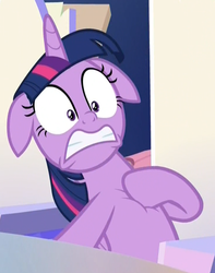 Size: 731x926 | Tagged: safe, screencap, twilight sparkle, alicorn, pony, sparkle's seven, cropped, female, floppy ears, gasp, grimace, gritted teeth, heart attack, hoof on chest, mare, reaction image, shrunken pupils, solo, twilight sparkle (alicorn), wide eyes