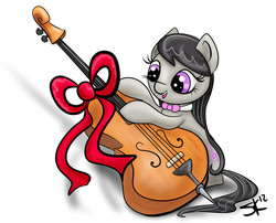 Size: 1662x1346 | Tagged: safe, artist:rawrcharlierawr, octavia melody, earth pony, pony, g4, birthday present, bow, cello, cute, female, filly, filly octavia, musical instrument, open mouth, simple background, solo, tavibetes, white background, younger