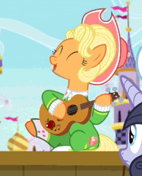 Size: 574x710 | Tagged: safe, screencap, applejack, earth pony, pony, g4, sparkle's seven, animated, apple chord, clothes, cropped, cute, female, gif, guitar, jackabetes, loop, solo focus