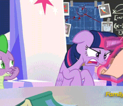 Size: 383x329 | Tagged: safe, edit, edited screencap, screencap, spike, twilight sparkle, alicorn, dragon, pony, season 9, sparkle's seven, spoiler:s09, animated, book, chalkboard, chart, charts and graphs, cropped, cutie map, duckface, duo, floppy ears, friendship throne, gif, oh come on, pouting, text, twilight sparkle (alicorn)